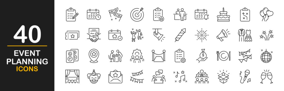 Event planning icon set. Icons in linear style collection. Containing decorations, venue, event planner, registration, entertainment, catering,  invitations, coordination and more. Vector illustration