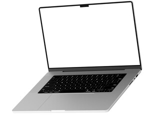 Isometric style view mockup template of silver laptop similar to macbook without background.

