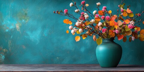 Vase with Flowers and Autumn Leaves on Rustic Background