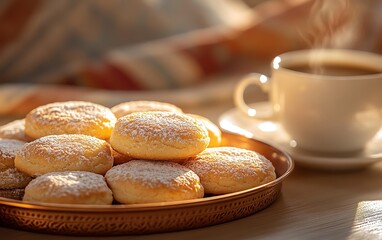 A tray of freshly baked kahk Egyptian Eid cookies dusted with powdered sugar