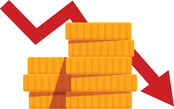 Stack of golden coins is decreasing while a red arrow is pointing down representing a financial crisis