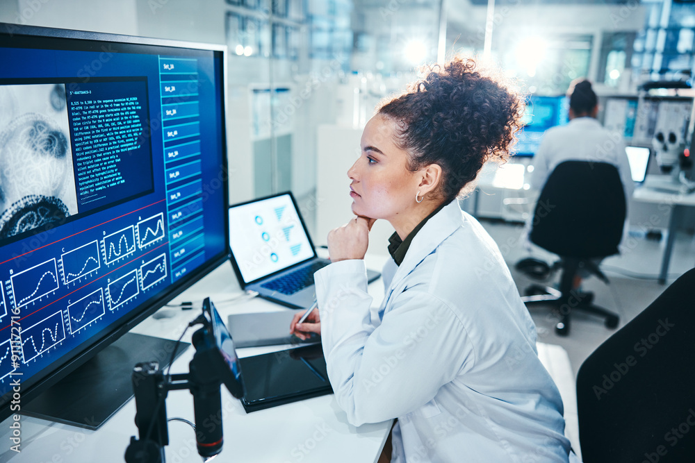 Poster computer, screen and scientist in laboratory with thinking, planning and analysis with medical resea