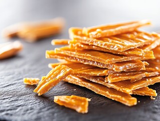 An artistic shot of a Kenyan peanut brittle, showing its glossy surface and crunchy texture, arranged on a slate platter with a few broken pieces for detail