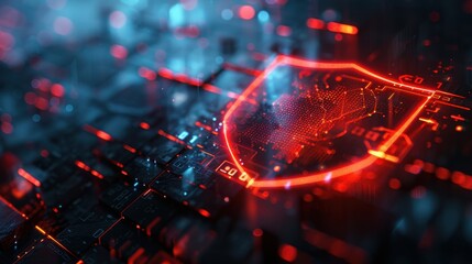Futuristic Digital Security Shield with Glowing Red Elements on a Dark Technological Background