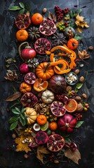 A colorful display of fruits and vegetables, including oranges, pomegranates