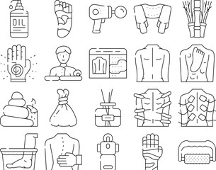 Massage Accessories And Treatment Icons Set Vector. Shiatsu Massage Physiotherapy And Acupuncture, Water And Stone For Massaging, Masseur Business And Occupation Black Contour Illustrations