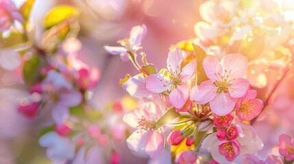 Close up view of pink blossoms on an apple tree in spring sunlight
