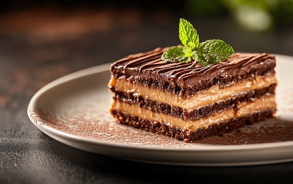 Chocotorta dessert layers of chocolate cookies and creamy dulce de leche filling served on a white plate with a mint garnish