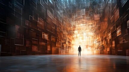 Fototapeta premium Man Standing in a Glowing Room.
