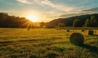 Sunset over Hay Bales Field