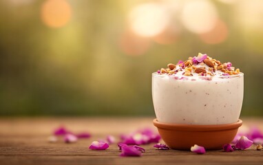 Inviting picture of thandai drink, served in a terracotta glass with rose petals and nuts on top, placed on a wooden table with a festive backdrop