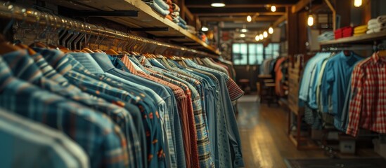 Fototapeta premium Cozy Vintage Clothing Store Interior with Wooden Shelves and Hanging Shirts in Warm Lighting