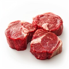 Fototapeta premium Three fresh raw beef tenderloin steaks with marbling isolated on a white background, ready for cooking.