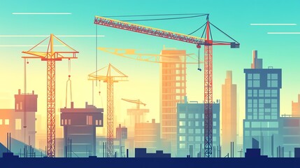 Fototapeta premium Colorful urban construction site at sunset with cranes and modern buildings in progress reflecting industry and development.