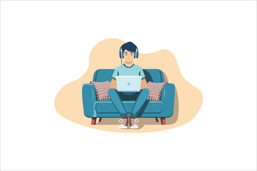 A man sitting on a sofa wearing music headphones and using a laptop in the house.Working at home concept.