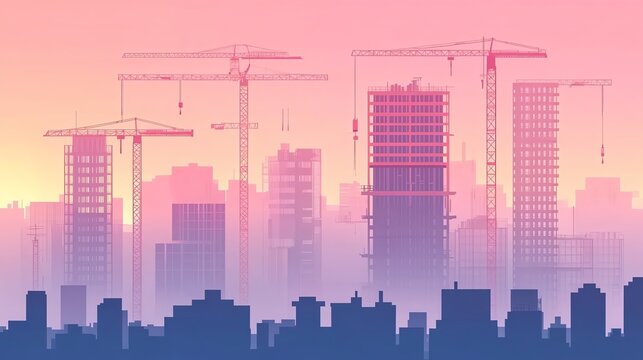 Silhouetted city skyline featuring cranes and buildings against a pastel sunrise, symbolizing urban development and construction.