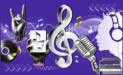 A collage of Treble Clef to Sound Waves, Symbols of Sonic Expression, music notes book in hand and singer performance.