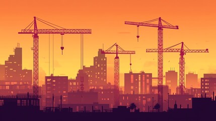 Silhouette of a city skyline with construction cranes against a stunning orange sunset background.