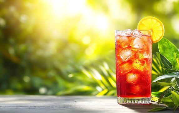 Refreshing Nigerian zobo drink in a tall glass, with ice cubes and a slice of lemon, set against a bright, sunny outdoor background with tropical plants