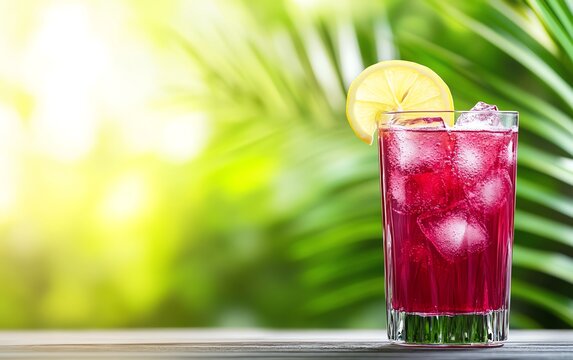 Refreshing Nigerian zobo drink in a tall glass, with ice cubes and a slice of lemon, set against a bright, sunny outdoor background with tropical plants