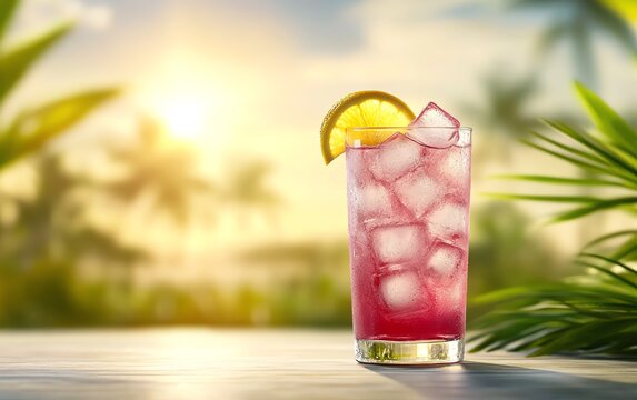 Refreshing Nigerian zobo drink in a tall glass, with ice cubes and a slice of lemon, set against a bright, sunny outdoor background with tropical plants