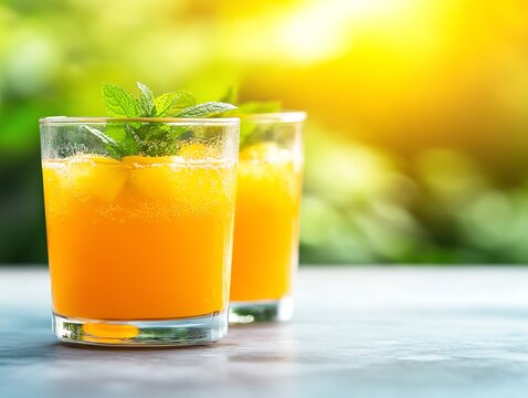 Refreshing shot of aam panna in a glass, garnished with mint and mango slices, set against a sunny outdoor background with traditional Indian elements