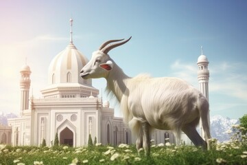 Obraz premium a goat eating grass in a garden with a very beautiful, majestic mosque in the background and a very clear sky and copy space,realistic, with generative ai