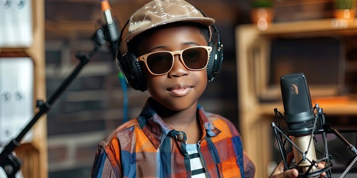 a black 8-year-old boy invited into a podcast studio, wearing a rapper's cap and sunglasses 