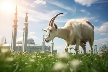 Fototapeta premium a goat eating grass in a garden with a very beautiful, majestic mosque in the background and a very clear sky and copy space,realistic, with generative ai