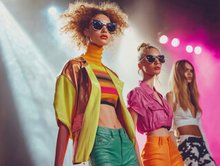 Three women in colorful clothing stand on a stage, posing for a photo