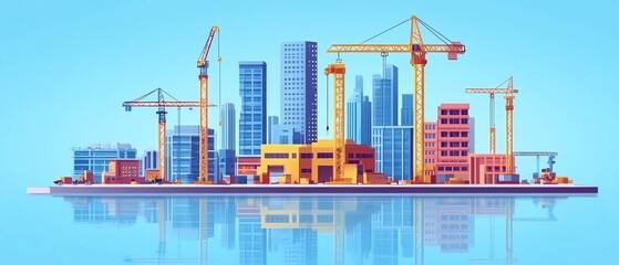 A vibrant city skyline under construction, featuring cranes and unfinished buildings against a clear blue background.