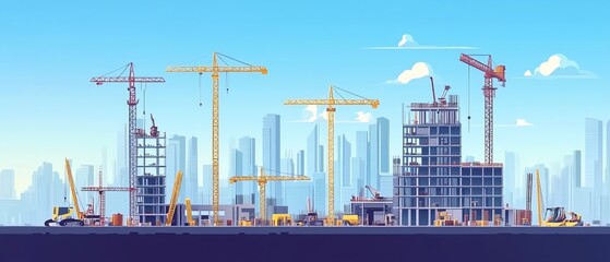 Obraz premium A vibrant construction scene featuring cranes, buildings, and machinery against a city skyline under a clear blue sky.