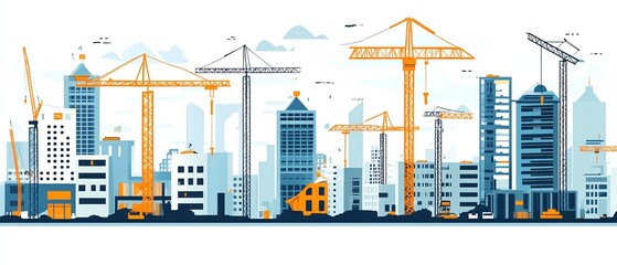 Fototapeta premium A vibrant city skyline under construction, featuring cranes, scaffolding, and modern buildings against a clear sky.