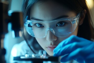 A female researcher wearing safety goggles examines culture cells on a slide using an inverted microscope for research in the pharmaceutical and biotechnology industry.