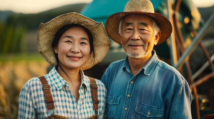 Happy couple of senior farmers. Asian family. Elderly gray haired 65 years old man, with his wife, a 60 years old woman.	