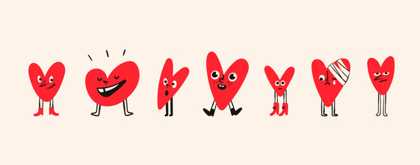 Red Hearts with legs and shoes. Various mood, face emotions. Cartoon style. Cute funny characters. Hand drawn Vector illustration. Love, Valentine's day, romance concept. Isolated design elements