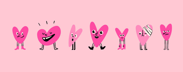 Pink Hearts with legs and shoes. Various mood, face emotions. Cartoon style. Cute funny characters. Hand drawn Vector illustration. Love, Valentine's day, romance concept. Isolated design elements