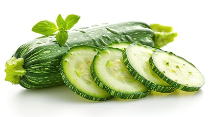 Fresh Green Zucchini Slices with Basil Leaves - Realistic Photo