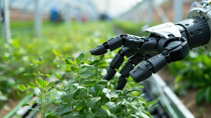 Fototapeta premium Robotic hand gently touching green plants in a modern greenhouse during daytime, representing smart agriculture and automated farming technology.