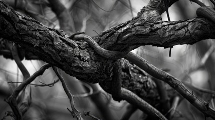 Monochrome photo of twisted tree limbs