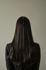Naklejka premium a woman with long hair standing in front of a gray wall