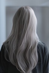 Naklejka premium a woman with long white hair is looking at a mirror