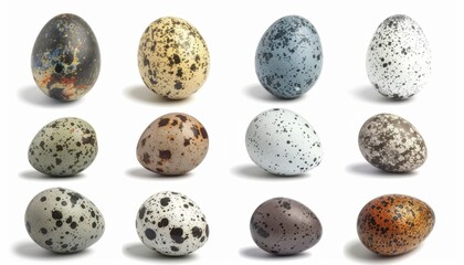 Various Unique Bird Eggs Displayed on a White Surface in Bright Lighting