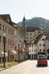 Obraz premium Idrija, a city famous for the second largest mercury mine in the world. Famous place for textile arts of embroidery. City museum, old town and Antonijev Rov mine museum. Rich history of Slovenia.