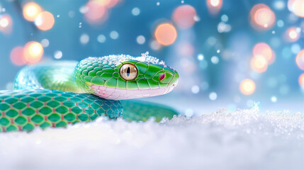 Colorful Green Snake on Snowy Background with Bokeh Effect. Stunning Close-Up of a Vibrant Snake in a Winter Wonderland Setting. Captivating and Colorful Wildlife Photography