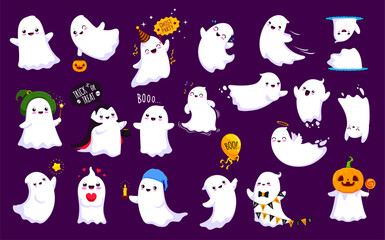Cartoon Halloween kawaii ghost characters with boo faces, horror night holiday vector icons. Funny cute ghosts happy smiling with pumpkin and candle in witch hat for Halloween trick or treat holiday