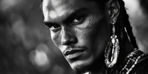 A black and white portrait of a man with distinctive dreadlocks, sitting or standing, potentially in a urban or natural setting