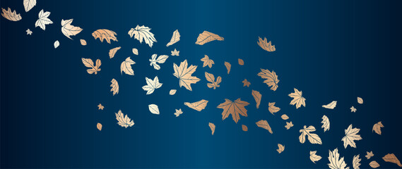 Autumn falling leaves isolated on blue gradient background. Autumn maple and oak leaves.