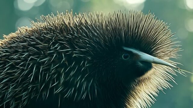 An echidna stands calmly amidst dense vegetation, showcasing its distinctive spiky coat and curious gaze in the soft morning light