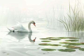 Obraz premium A serene scene of a mute swan gliding on a calm lake, surrounded by reeds and lily pads.